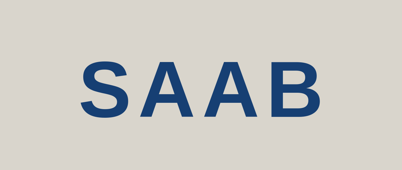 Blue Saab wordmark on a warm grey field